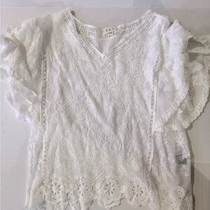 POL White Lace V-Neck Blouse with Crochet Trim